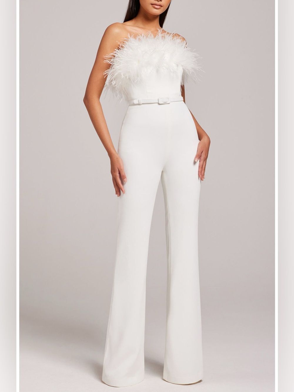 NADINE MERABI Colette Ostrich Feather Trim Belted Strapless Jumpsuit Pants White